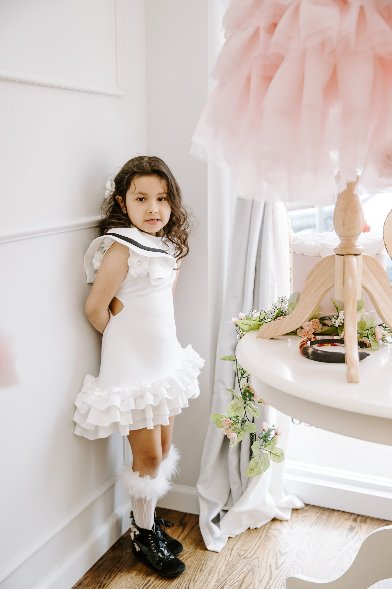 Baby Girls | Alex Ruffle Dress with Contrast Line | White & Black