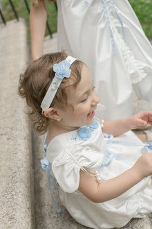 Daphne Satin Hair Sash with Embroidery | White & Blue