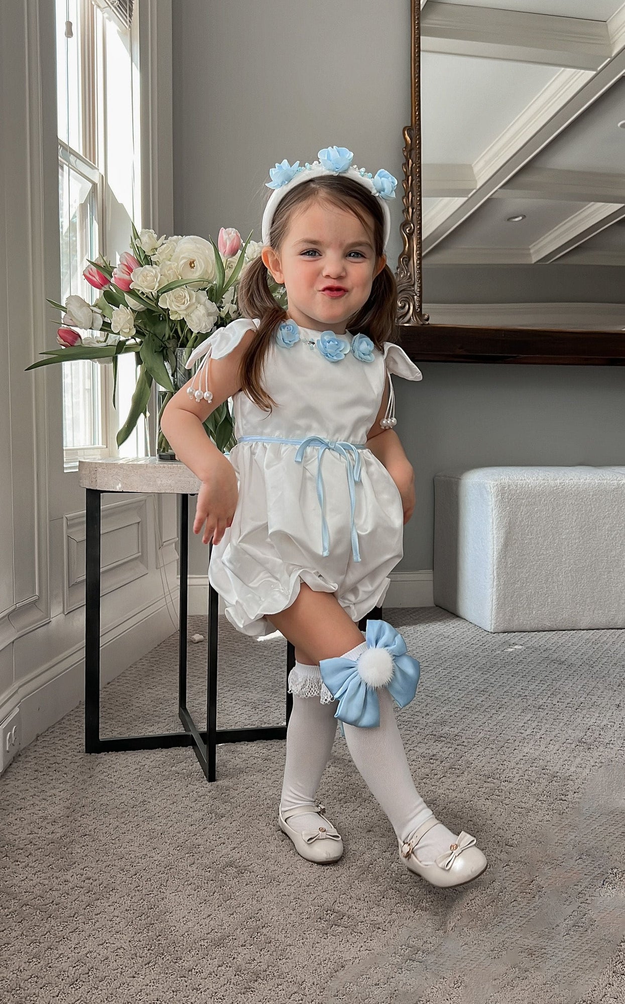 Baby Girls | Daphne Satin Romper with Embroidery | White & Blue