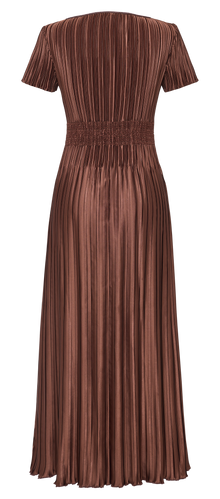 Pleated Waist-Cinched Dress | Brown