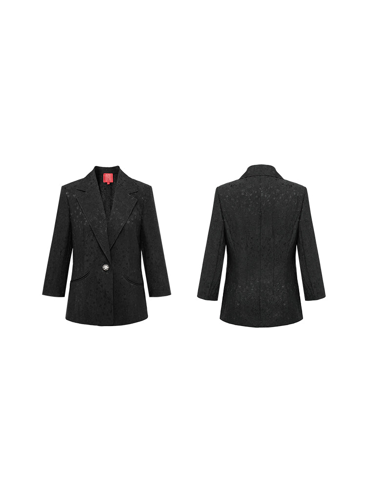 Jacquard Cinched Waist Blazer Jacket | Black