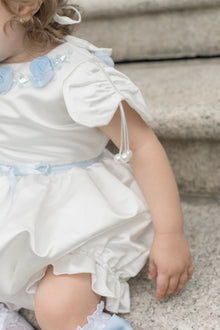 Baby Girls | Daphne Satin Romper with Embroidery | White & Blue
