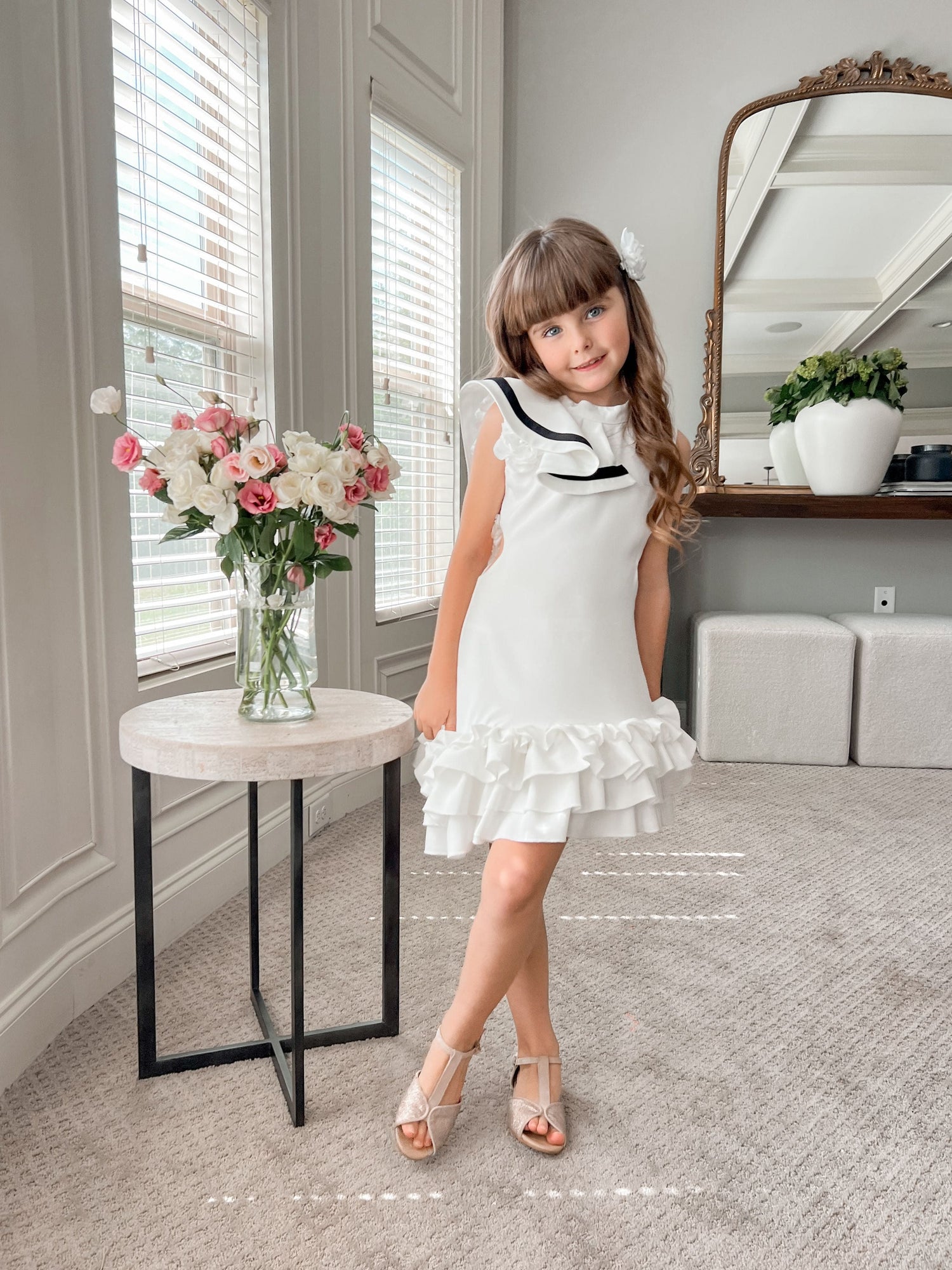 Baby Girls | Alex Ruffle Dress with Contrast Line | White & Black