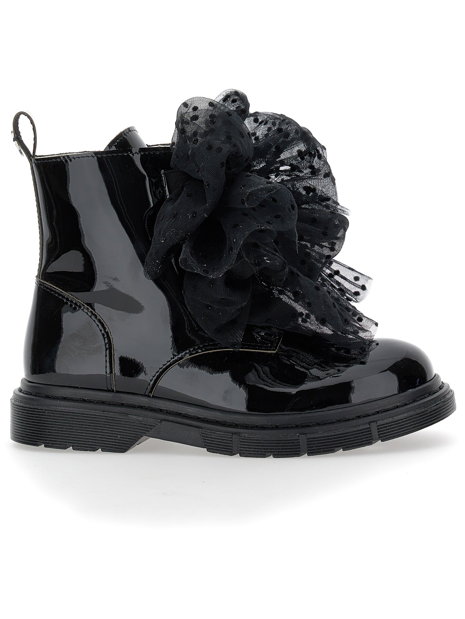 Girls | Leather Combat Boots With Tulle Bows | Black