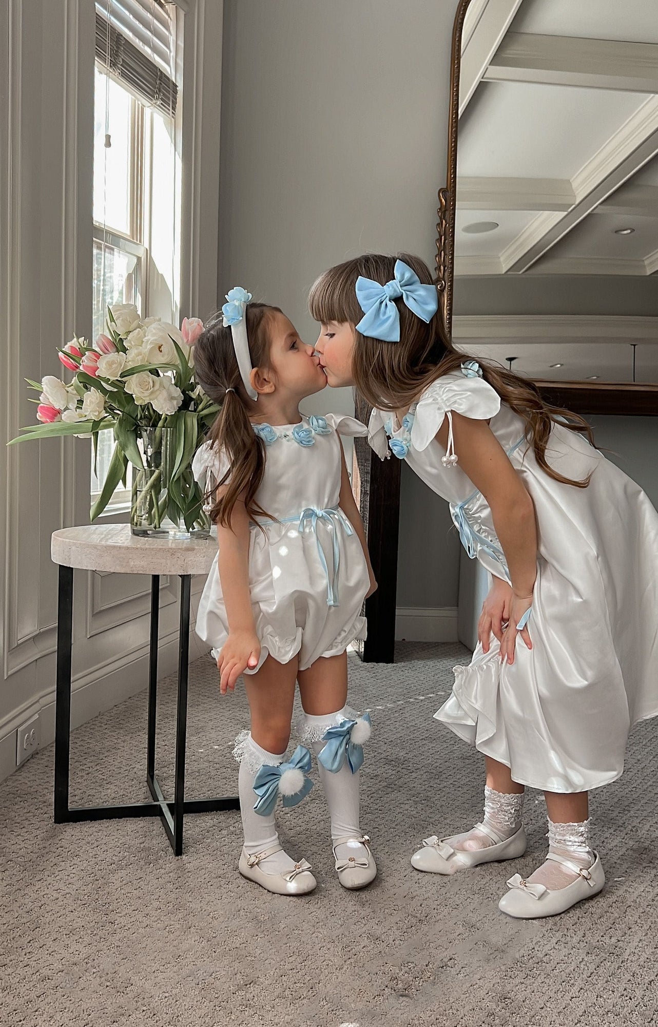 Baby Girls | Daphne Satin Romper with Embroidery | White & Blue
