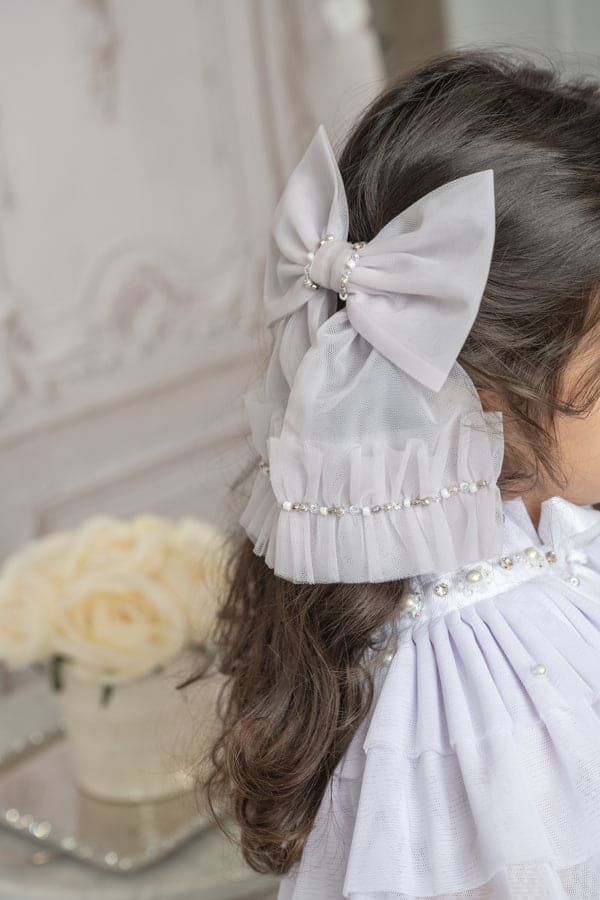 Ariel Rhinestone and Tulle Hair Bow | White