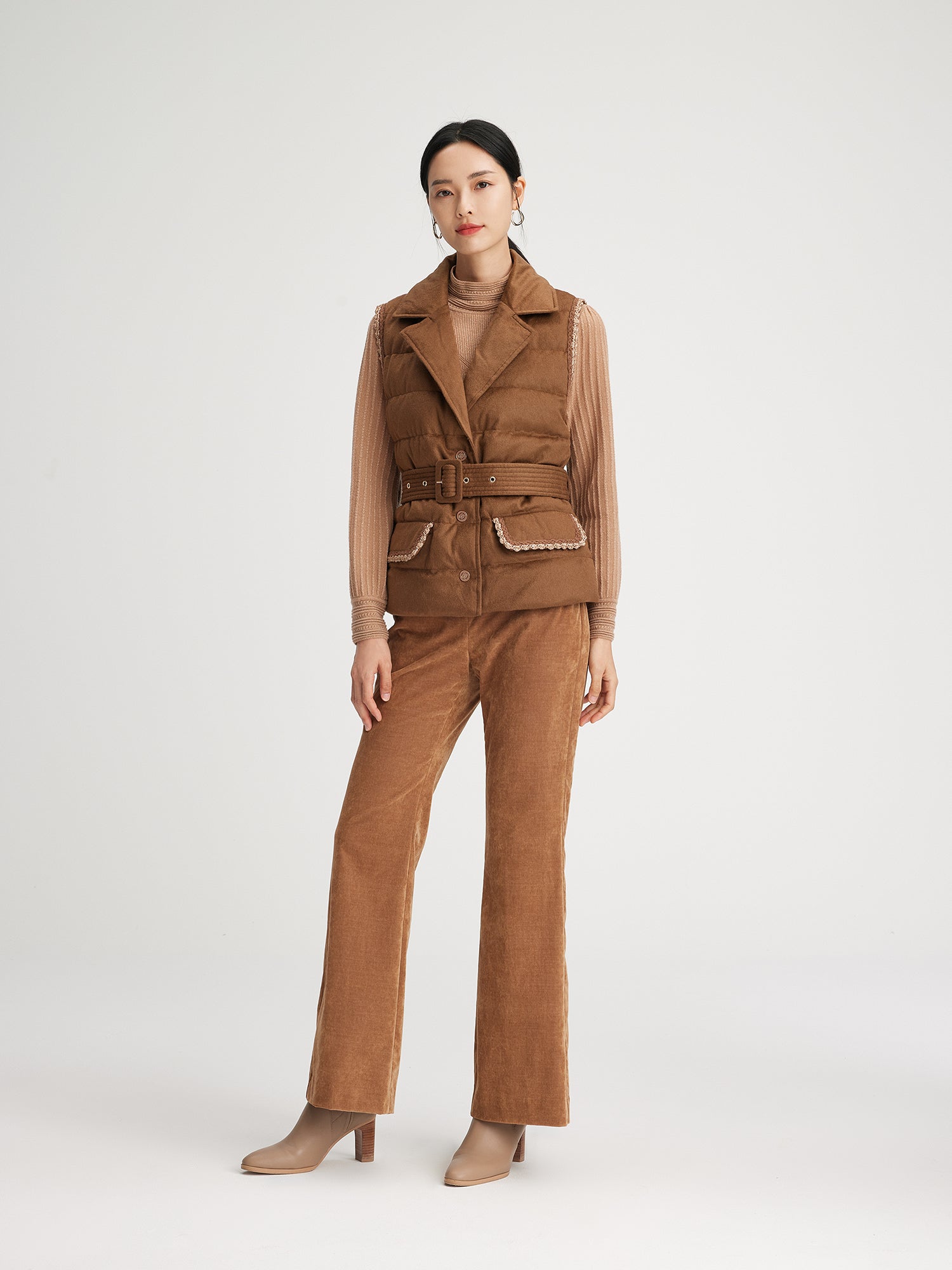 Cashmere Chimney Collar Pleated Knit Top | Camel