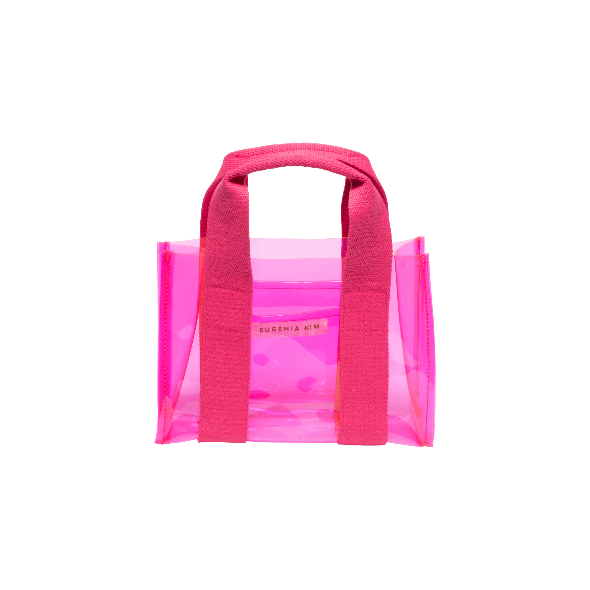 Pink transparent PVC tote bag with pink handle on a white background