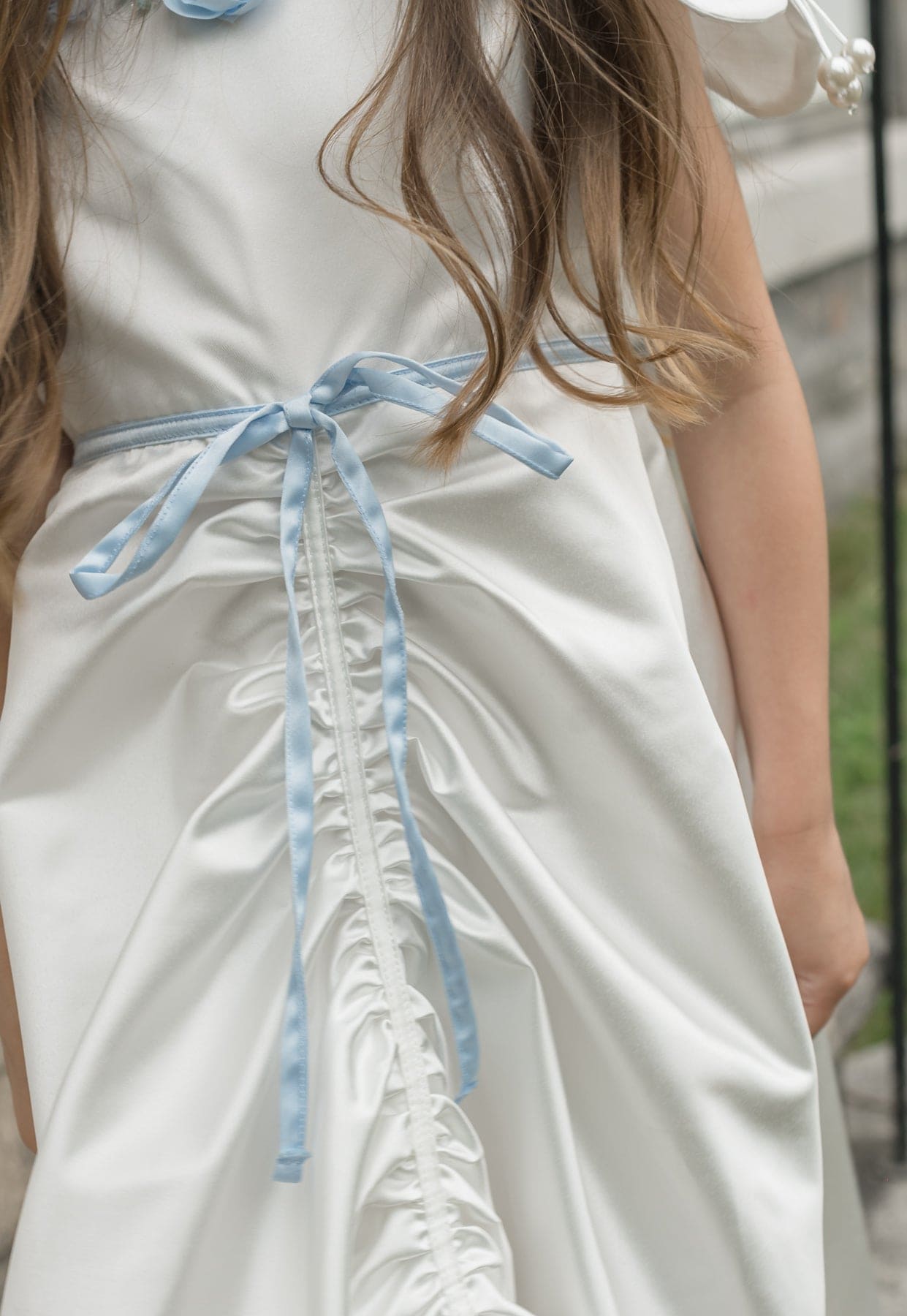 Baby Girls | Daphne Satin Dress with Embroidery | White & Blue