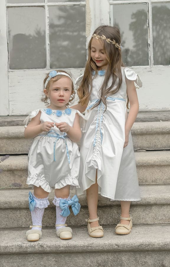 Baby Girls | Daphne Satin Romper with Embroidery | White & Blue