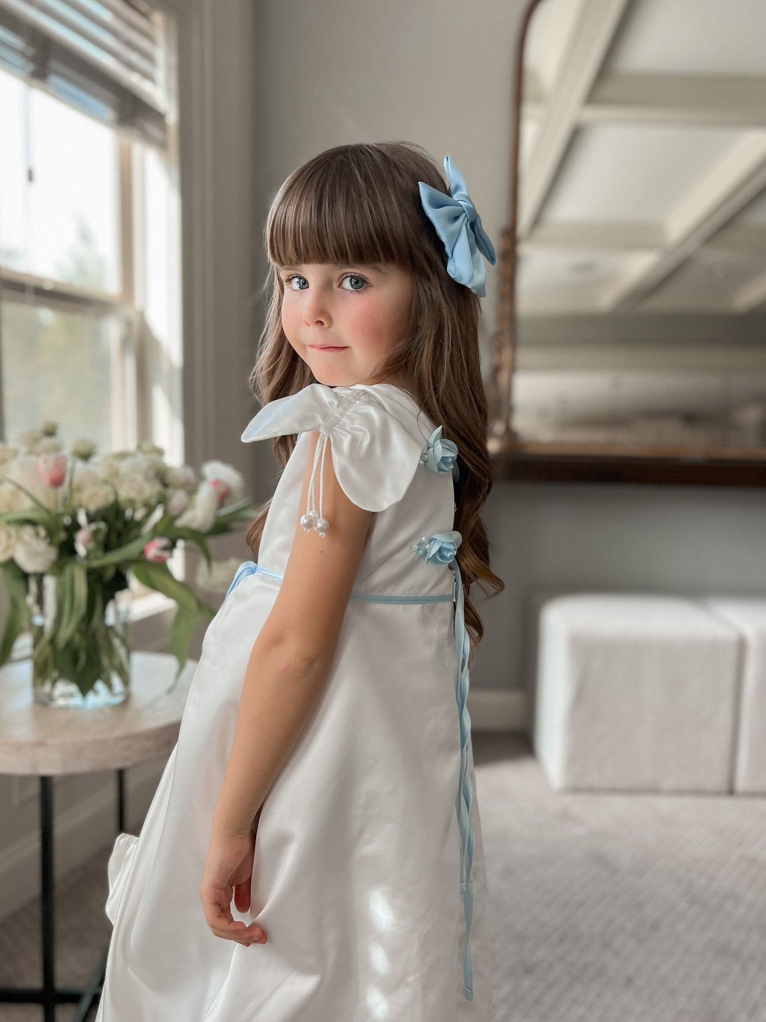 Baby Girls | Daphne Satin Dress with Embroidery | White & Blue