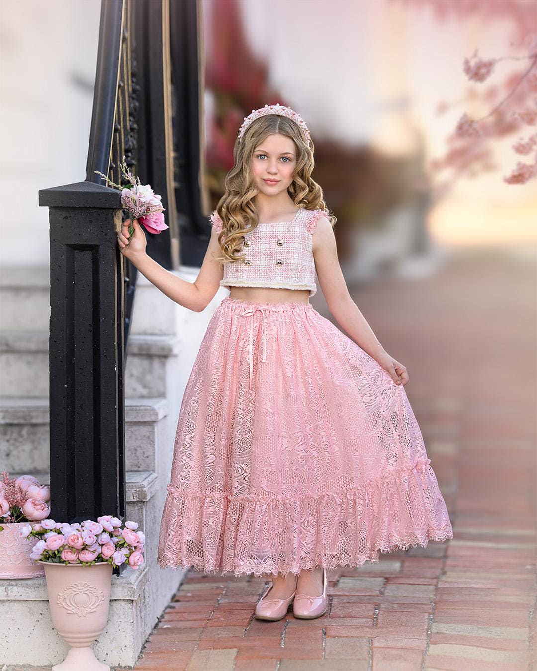 Baby Girls | Molly Tweed Top and Lace Skirt Set | Pink