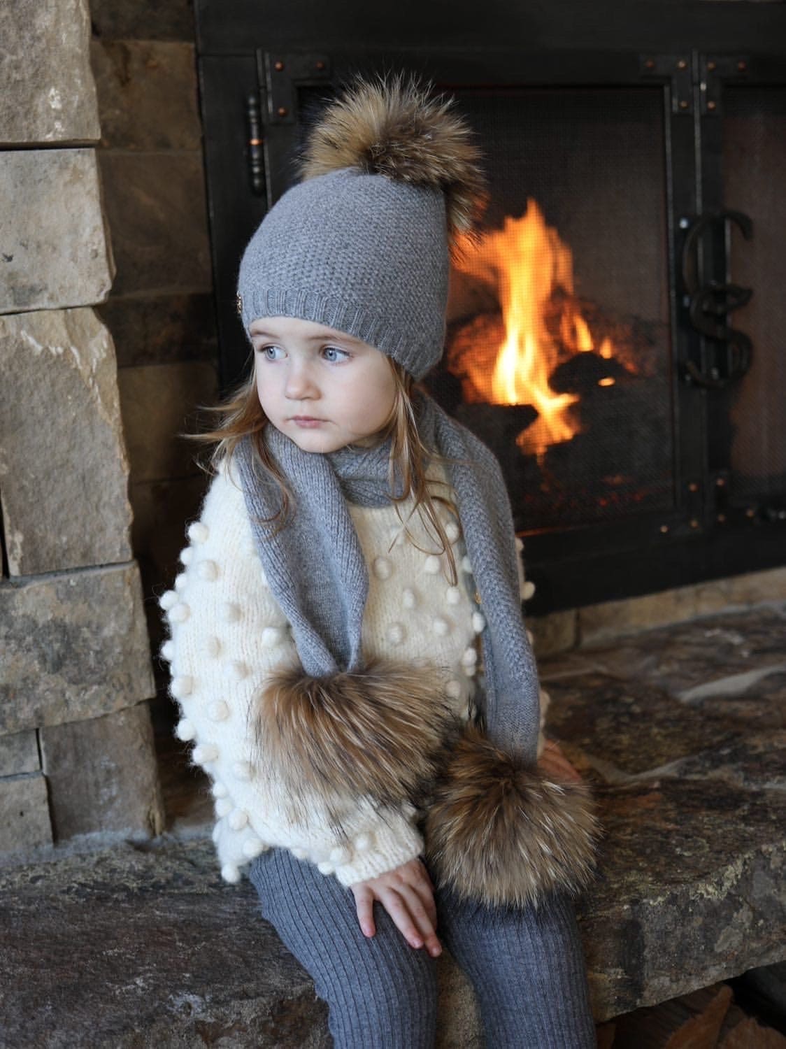 Baby Unisex | Honeycomb Cashmere Beanie Hats Pom | Grey & Natural