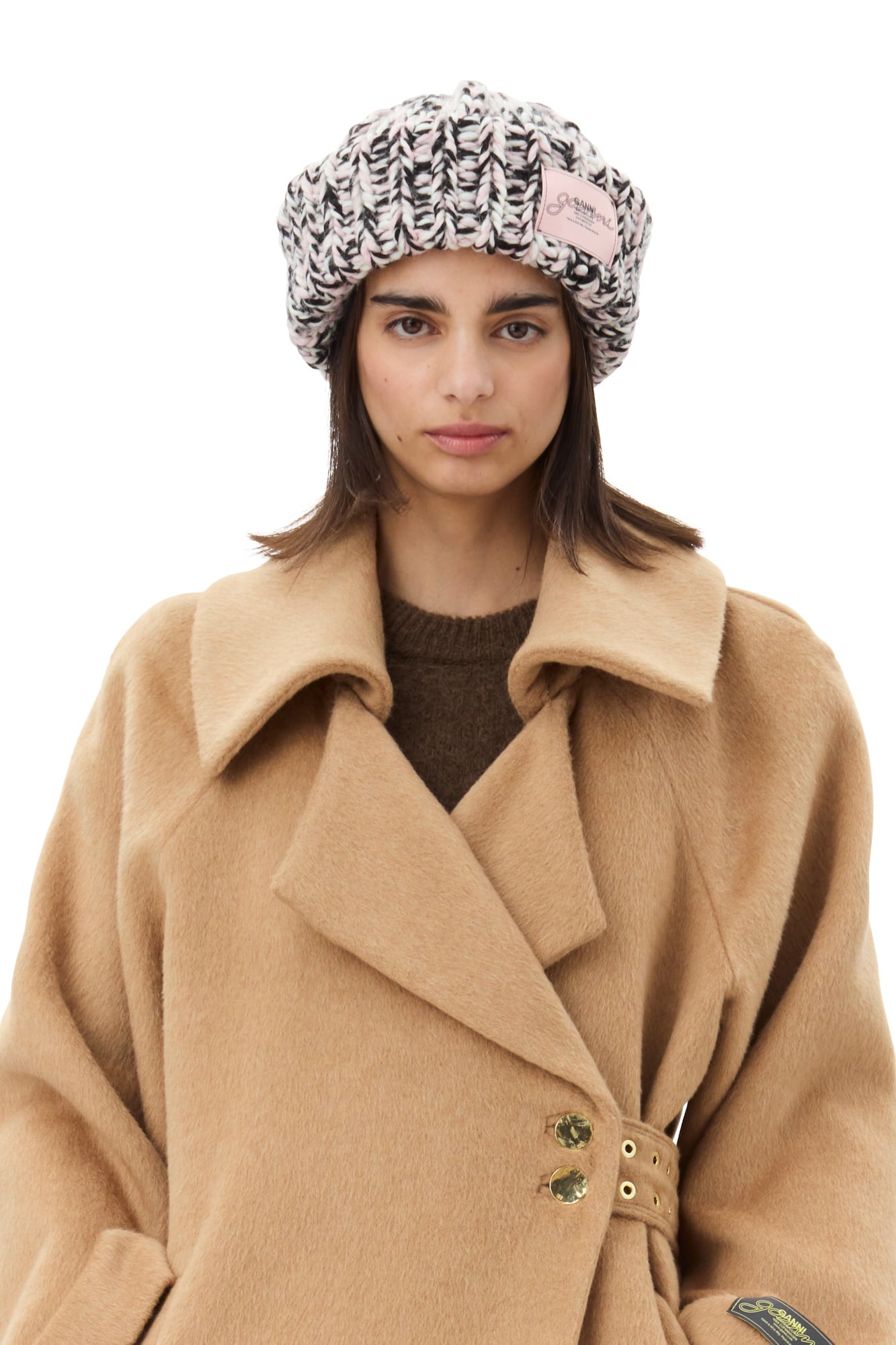 Graphic Wool Handknit Beanie | Chalk Pink