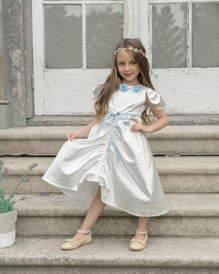 Baby Girls | Daphne Satin Dress with Embroidery | White & Blue