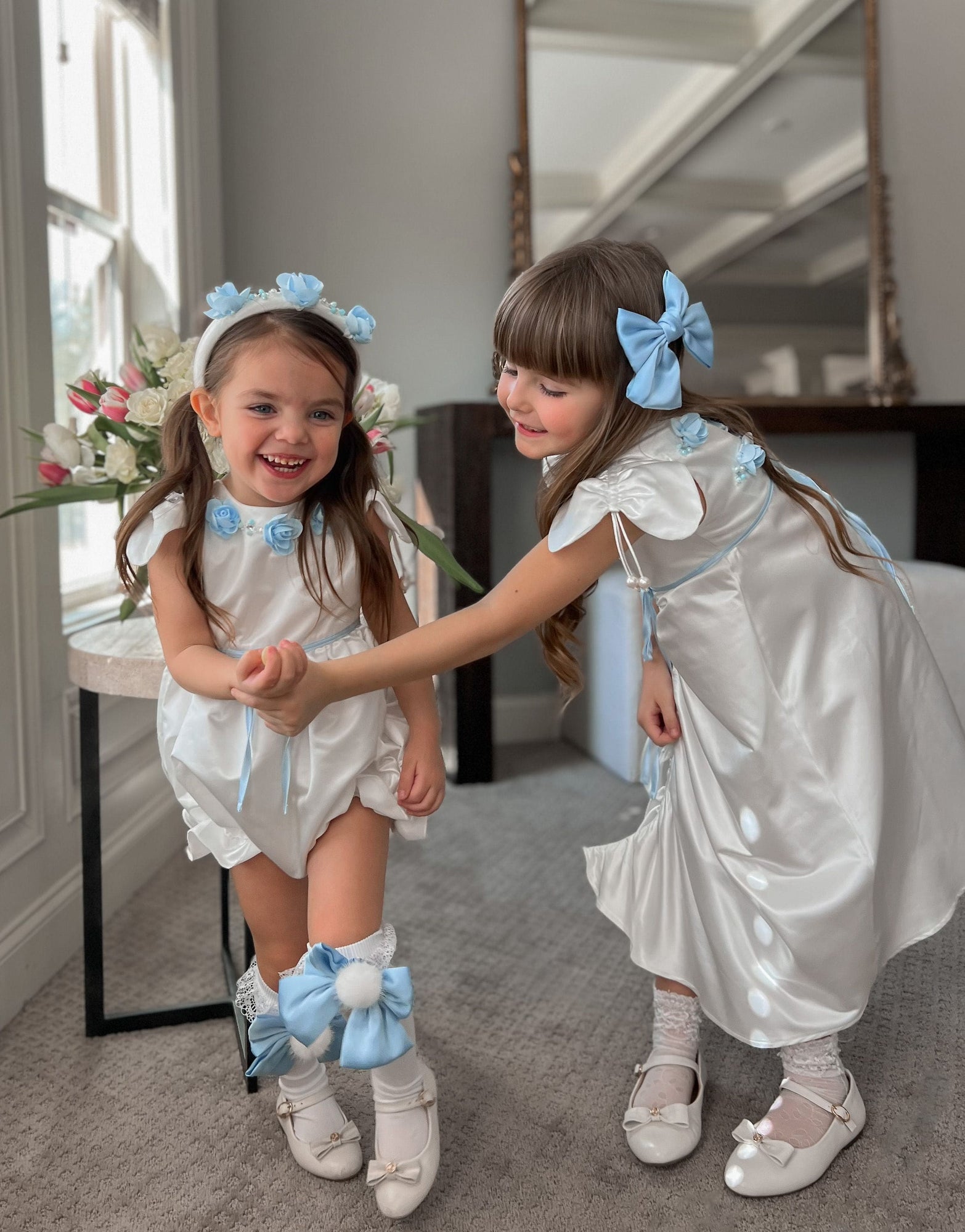 Baby Girls | Daphne Satin Romper with Embroidery | White & Blue