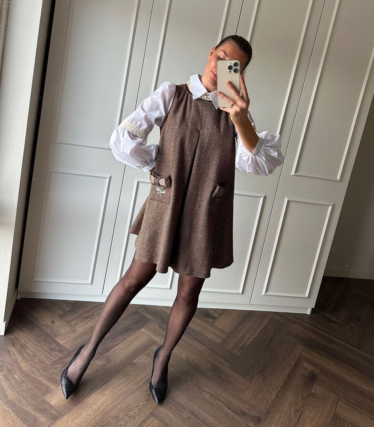 Women | Herringbone Tweed Mom Dress | Brown