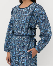 Ainsley Dress in quilted cotton with a blue paisley floral design