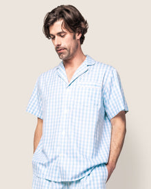 Men's Twill Pajama Short Set in Light Blue Gingham in Light Blue Gingham#Color_Light Blue Gingham
