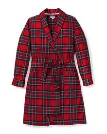 The Women's Brushed Twill Robe in Imperial Tartan features a red plaid pattern, long sleeves, a shawl collar, front pockets, and a matching waist tie, shown flat on a white background.