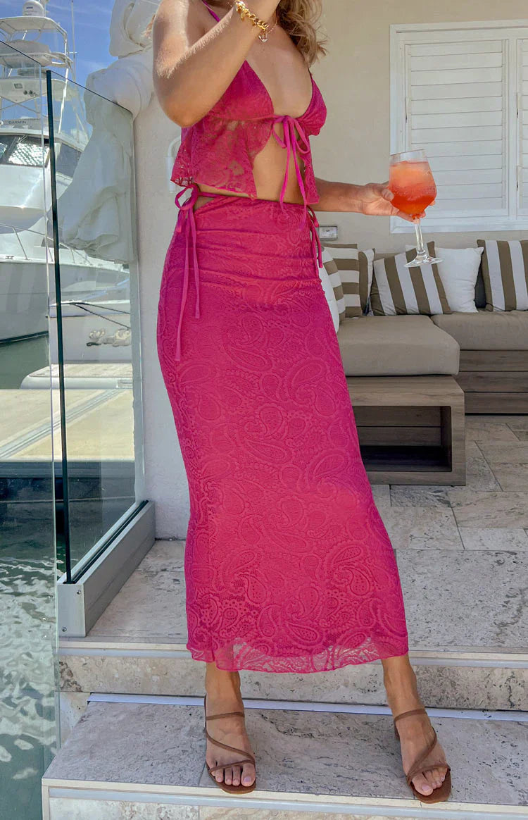 Alexia Lace Tie Up Maxi Skirt | Fuschia