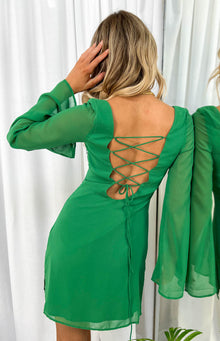 Amalfi Long Sleeve Lace Up Mini Dress | Green