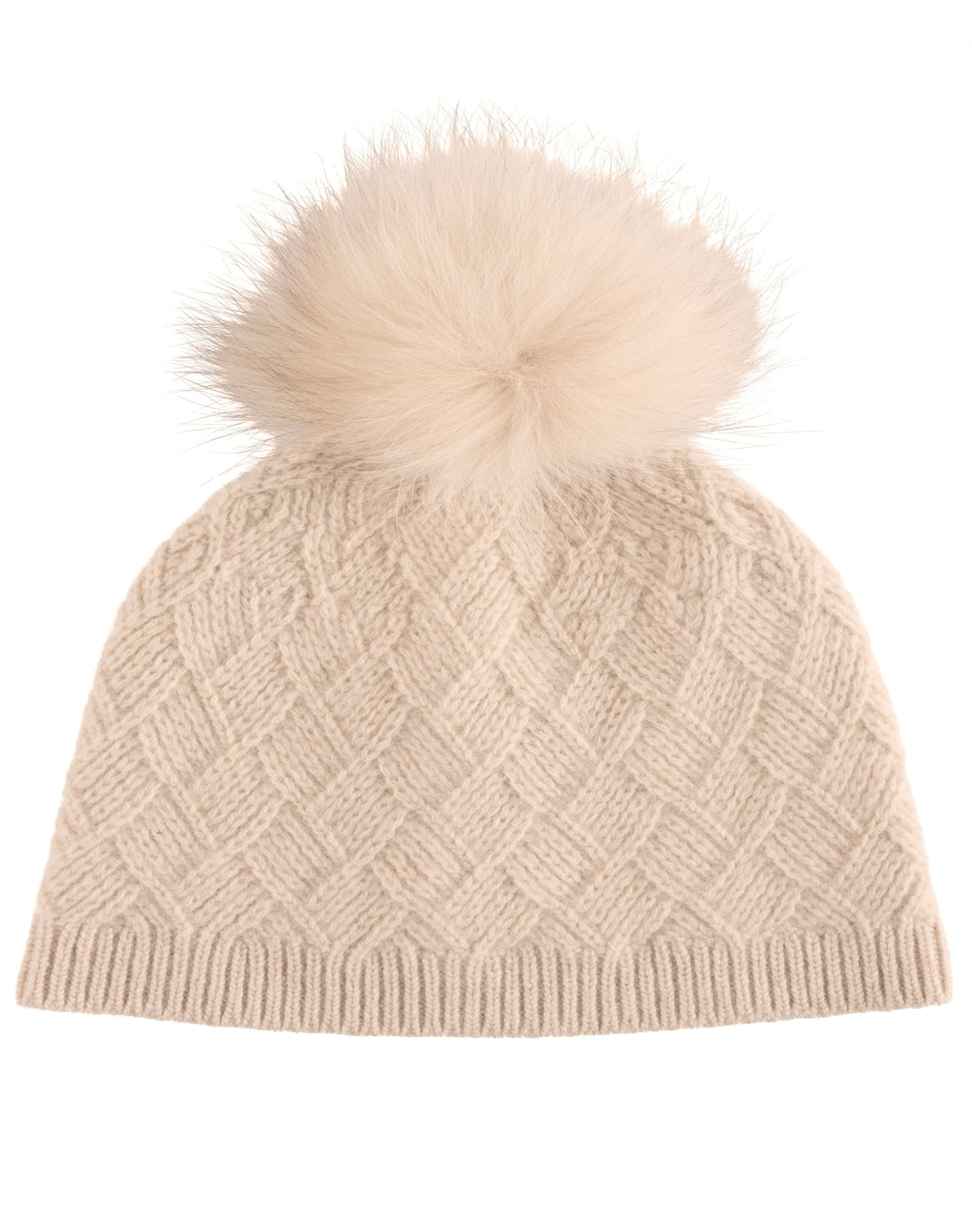 Amicale Cashmere | Women |Cashmere Basketweave Rib Hat W/ Fox Pom | Oatmeal