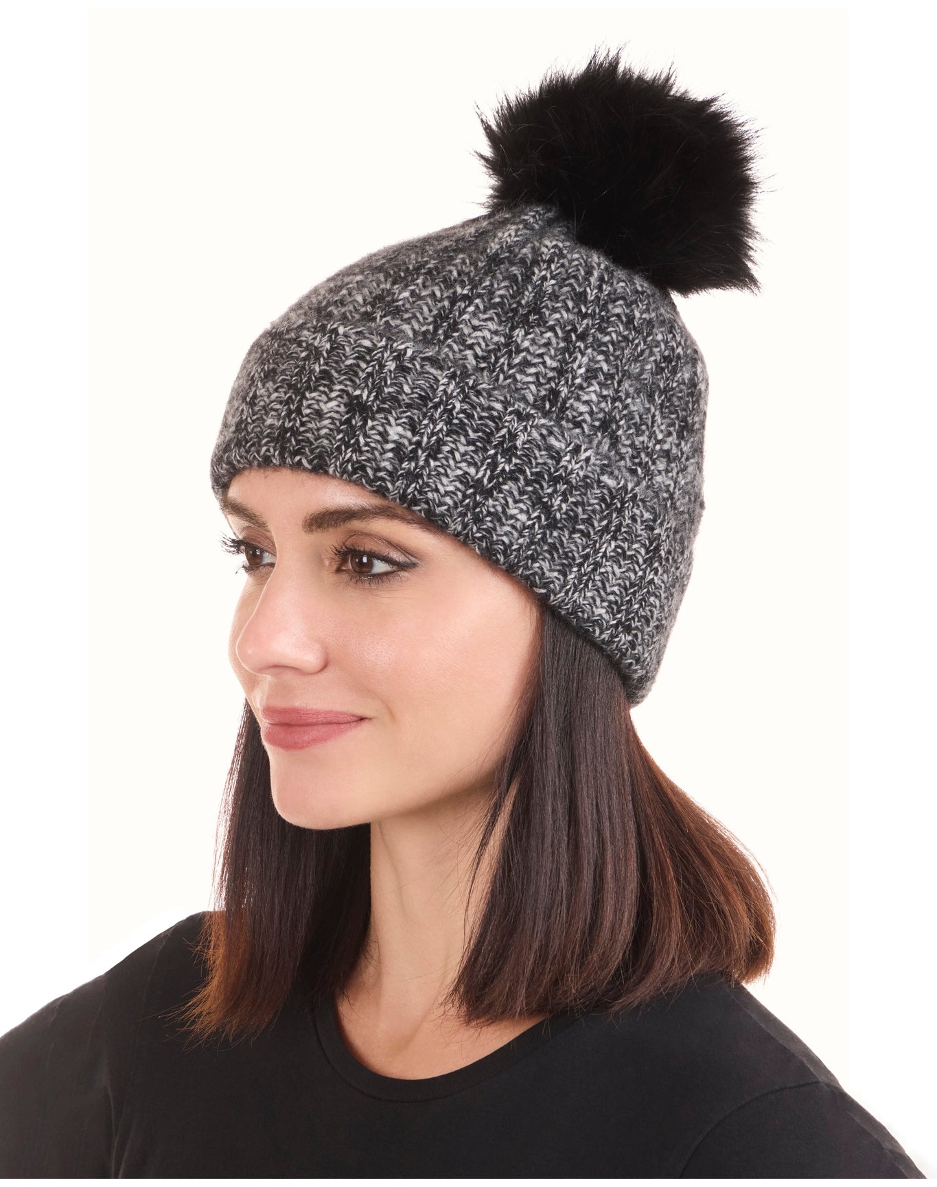 Amicale Cashmere | Women | Cashmere Marl Ladderstitch Fox Pom Hat | Black