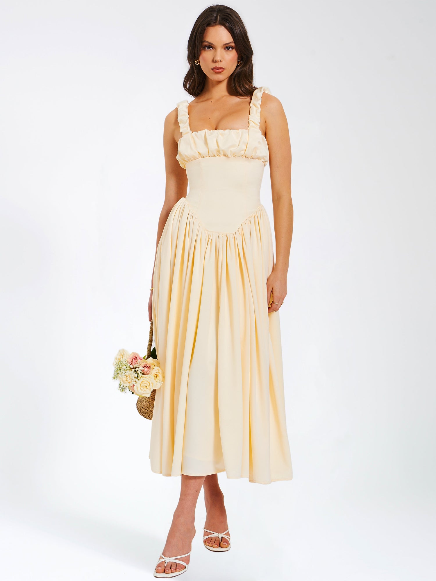 Noreen Satin Drop Waist Maxi Sundress | Egg White