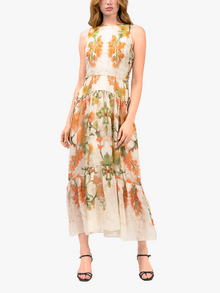 Ramie High Neck Tiered Maxi Dress | Coral Multi