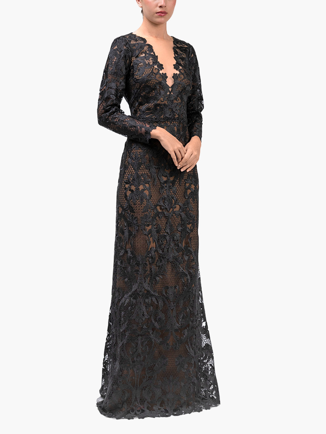 Nocturnes Long Sleeve Lace Gown | Black