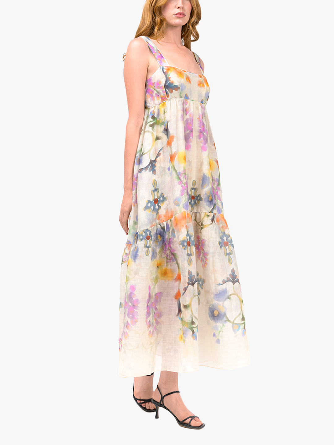Ramie Square Neck Maxi Dress | Cream Multi