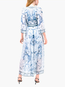 Swan Print Chiffon Gathered Maxi Dress | Blue