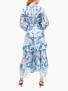 Swan Print Chiffon Belted  Maxi Dress | Blue
