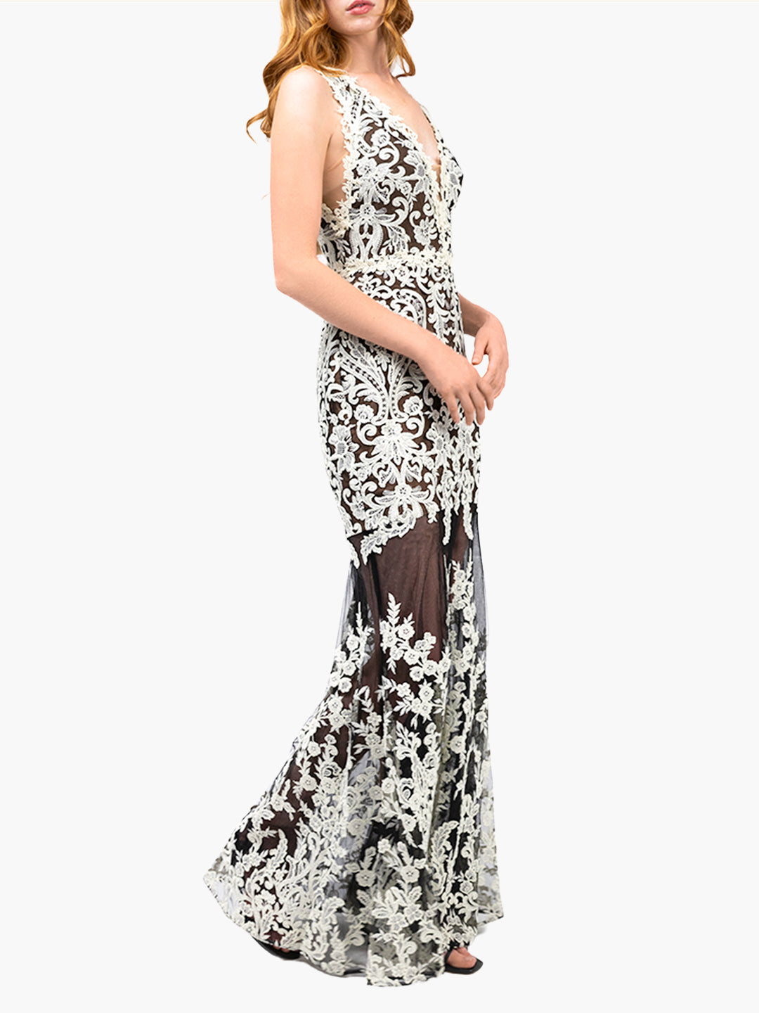 Mirrored Lace Floral Sleeveless Gown | Ivory/Black