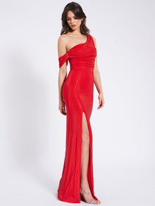 Paget Mesh Rhinestone Embellished High Slit Gown | Red