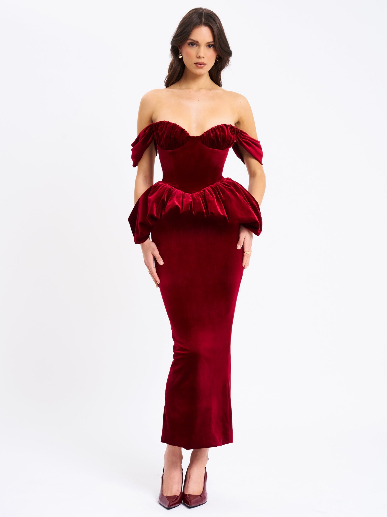 Abigail Velvet Off Shoulder Bubble Hem Peplum Maxi Dress | Burgundy