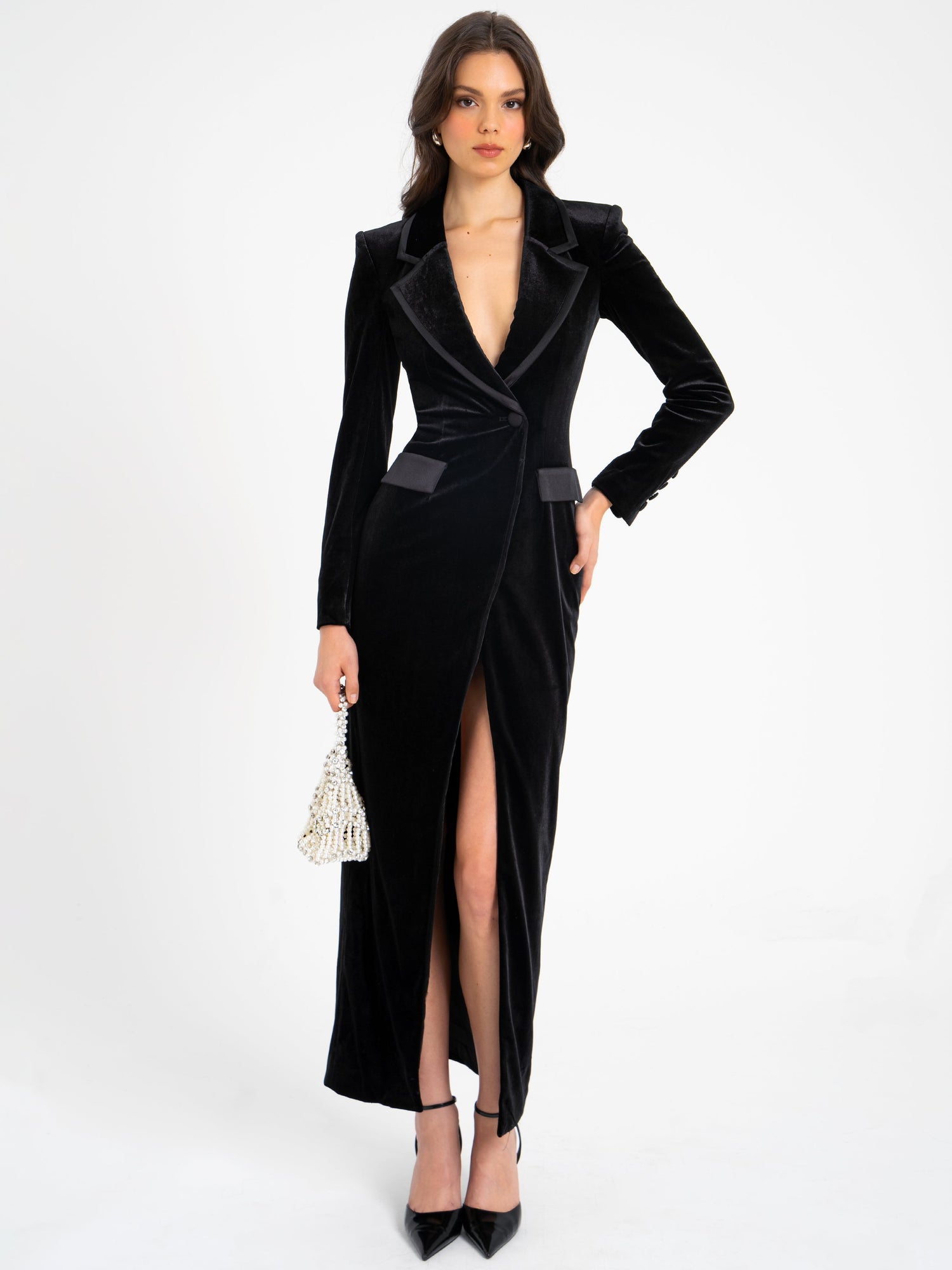 Willow Velvet High Slit Blazer Gown | Black