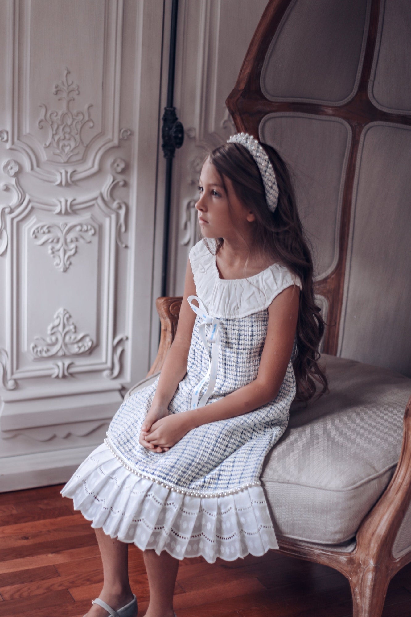 Baby Girls | Iris Tweed Dress | White x Blue