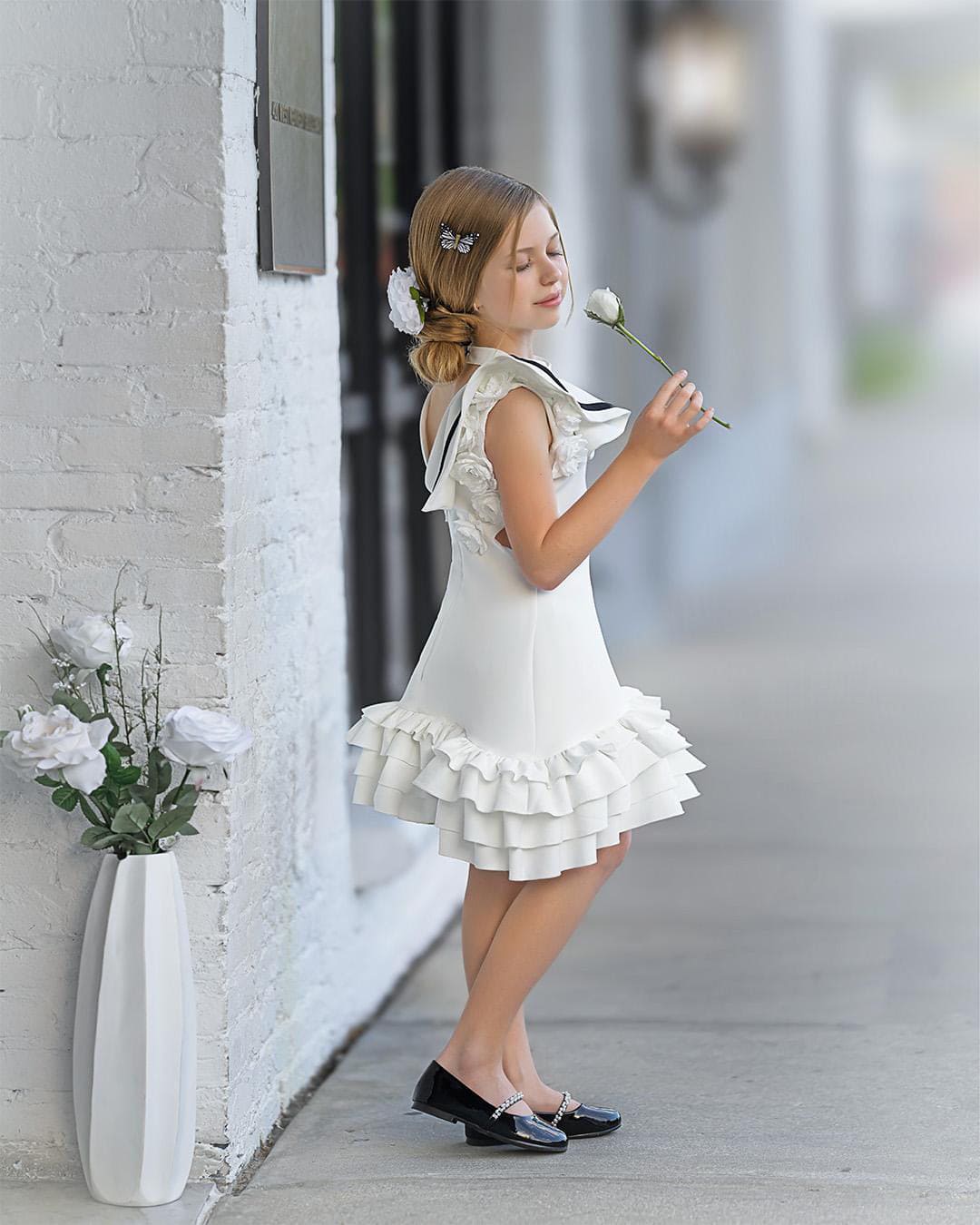 Baby Girls | Alex Ruffle Dress with Contrast Line | White & Black