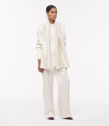 Another Tomorrow Band Collar Blouse With Scarf in Cream – Satin Women's Top
