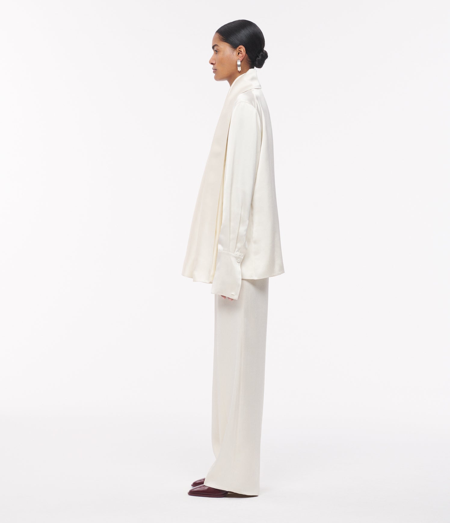 Another Tomorrow Band Collar Blouse With Scarf in Cream – Satin Women's Top