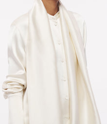 Another Tomorrow Band Collar Blouse With Scarf in Cream – Satin Women's Top