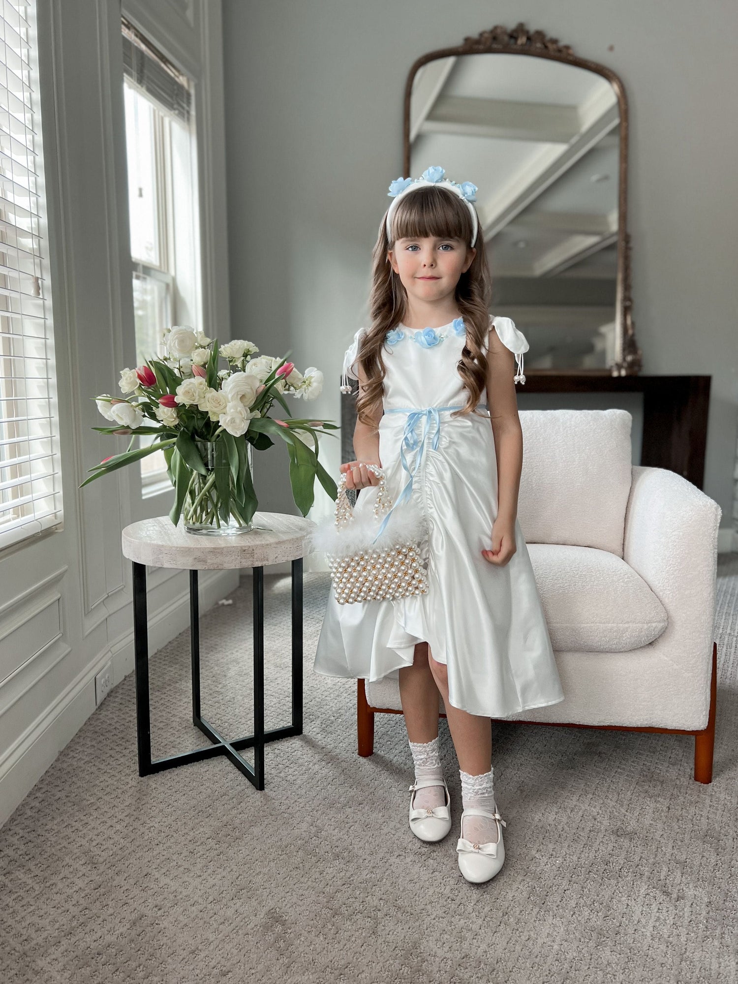Baby Girls | Daphne Satin Dress with Embroidery | White & Blue