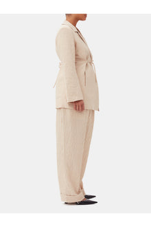 Beige Textured Suiting Mid Waist Trousers | Oyster Gray