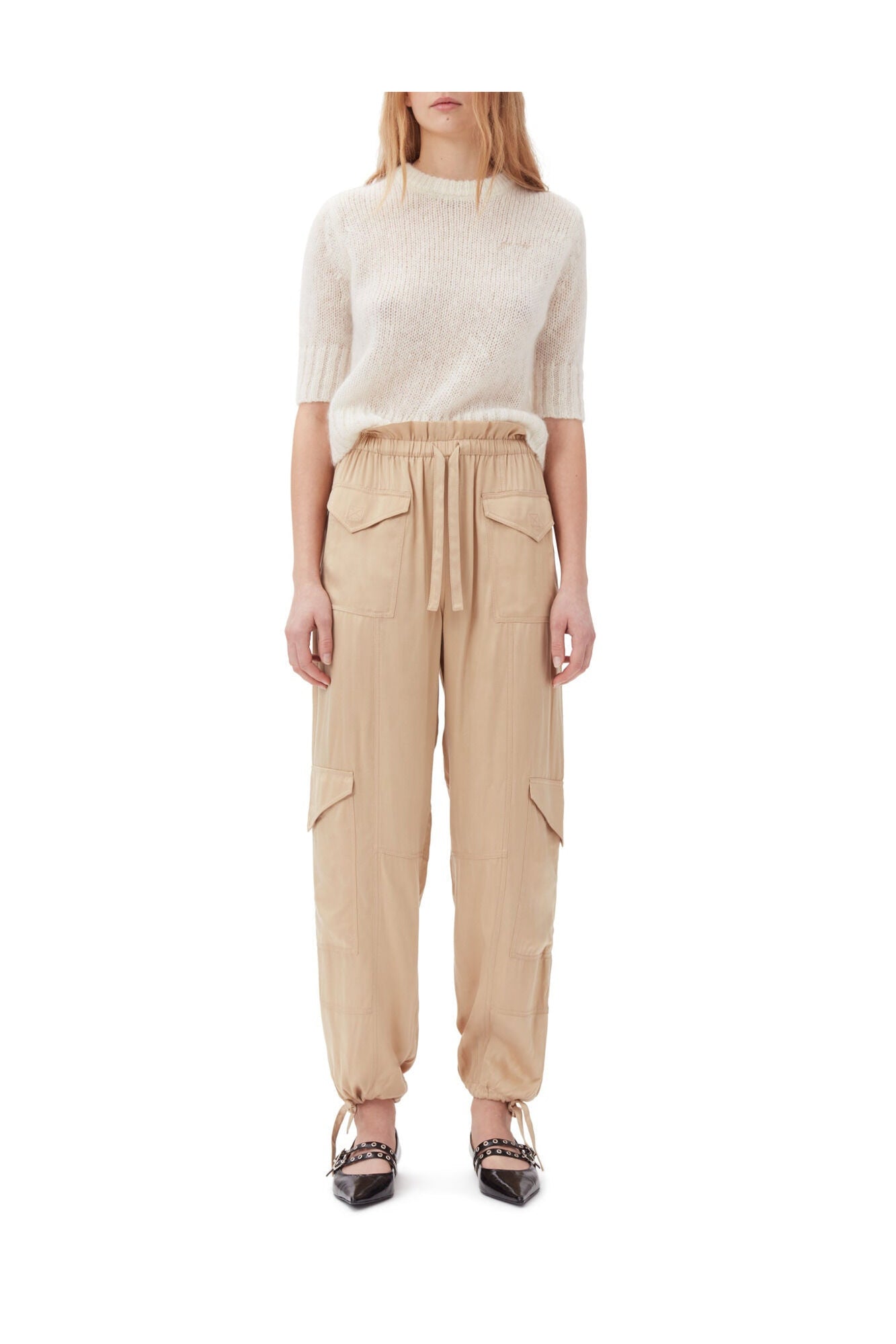Beige Washed Satin Pocket Trousers | Safari