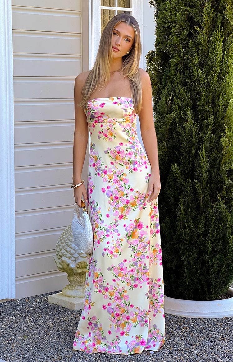 Blaise Bloom Satin Maxi Dress | Yellow