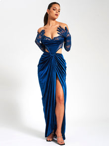 Quintessa Lace Velvet Corset Off Shoulder Gown | Teal