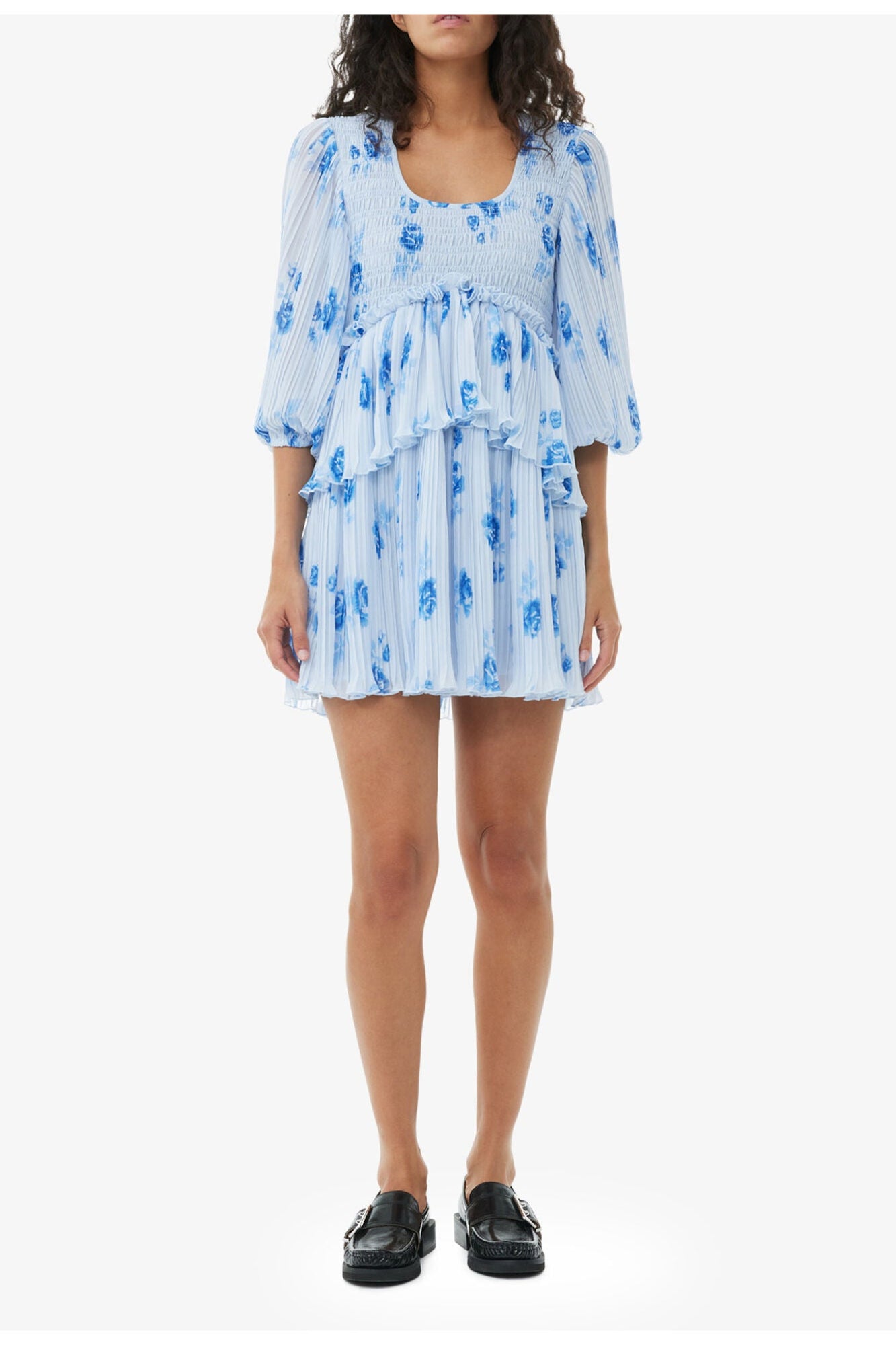 Blue Pleated Georgette Flounce Smock Mini Dress | Heather