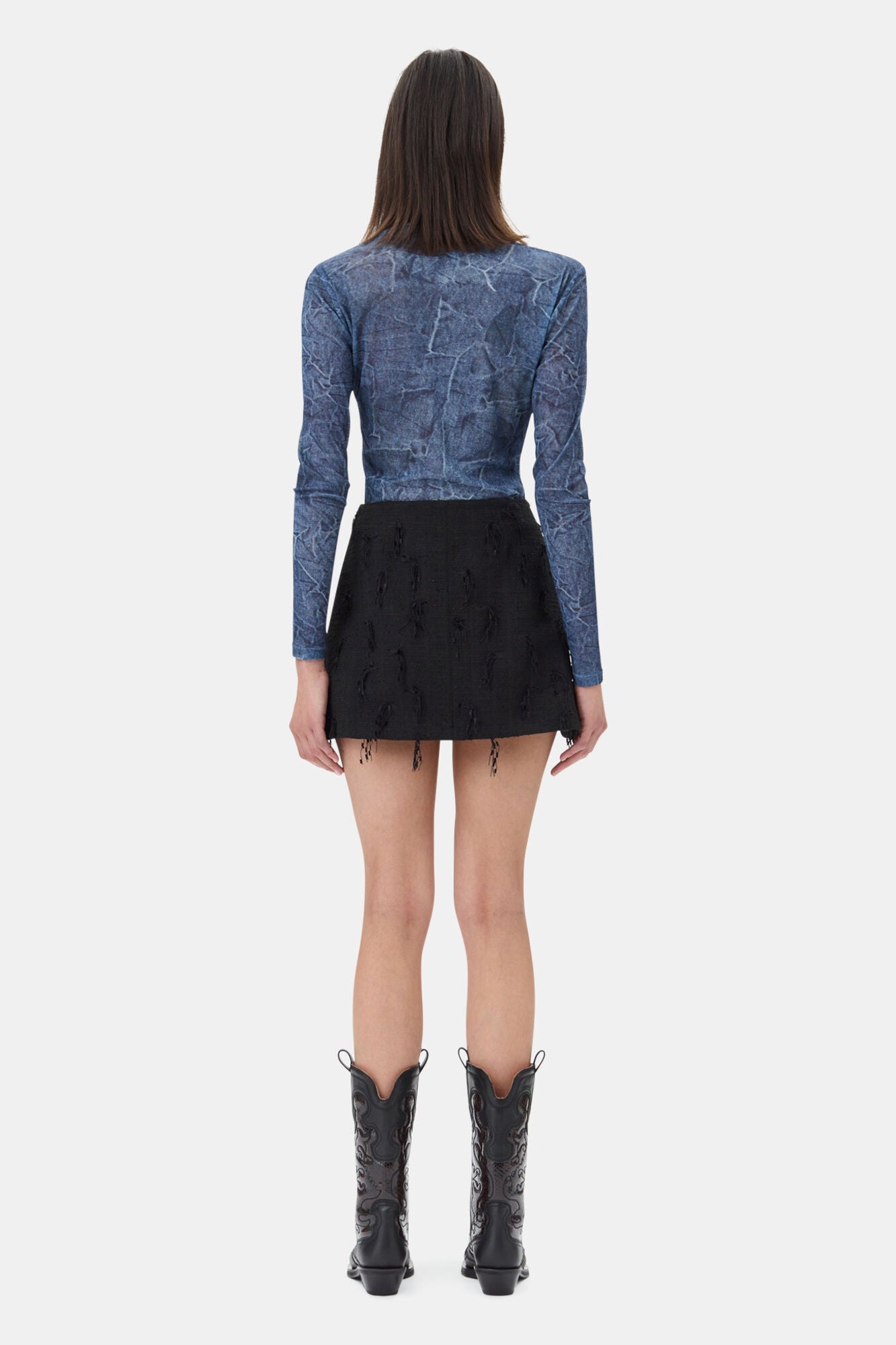 Blue Printed Mesh Blouse | Denim